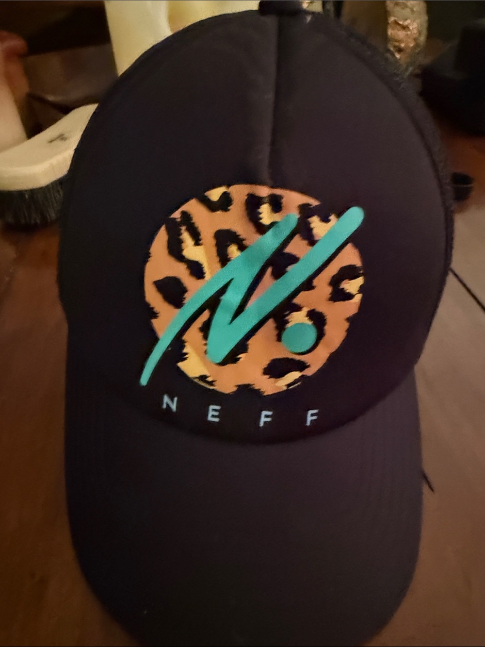 Neff Black Cap with Leopard Circle and Teal Script